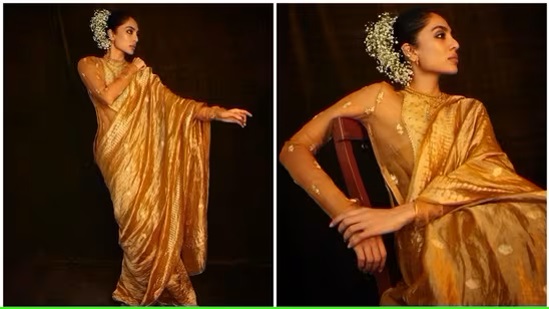 Sobhita Dhulipala Radiates Grace and Elegance in a Bronze Tissue Saree by Masaba Gupta