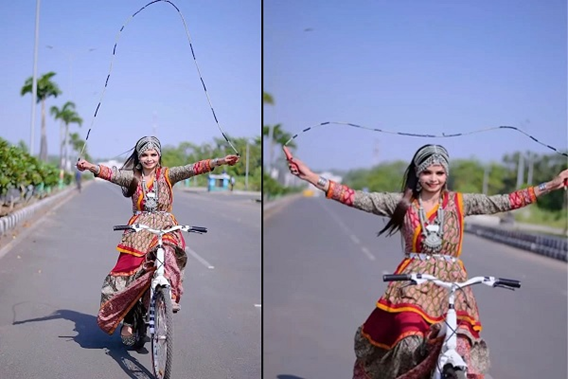 Woman’s Breathtaking Bicycle Rope Skipping: Skillful or Risky?